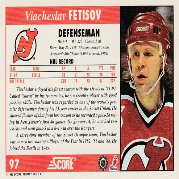 Viacheslav Fetisov (NJ Devils) 1992 Score '92 Hockey Card - Card Number 97 - Picture 2 of 2